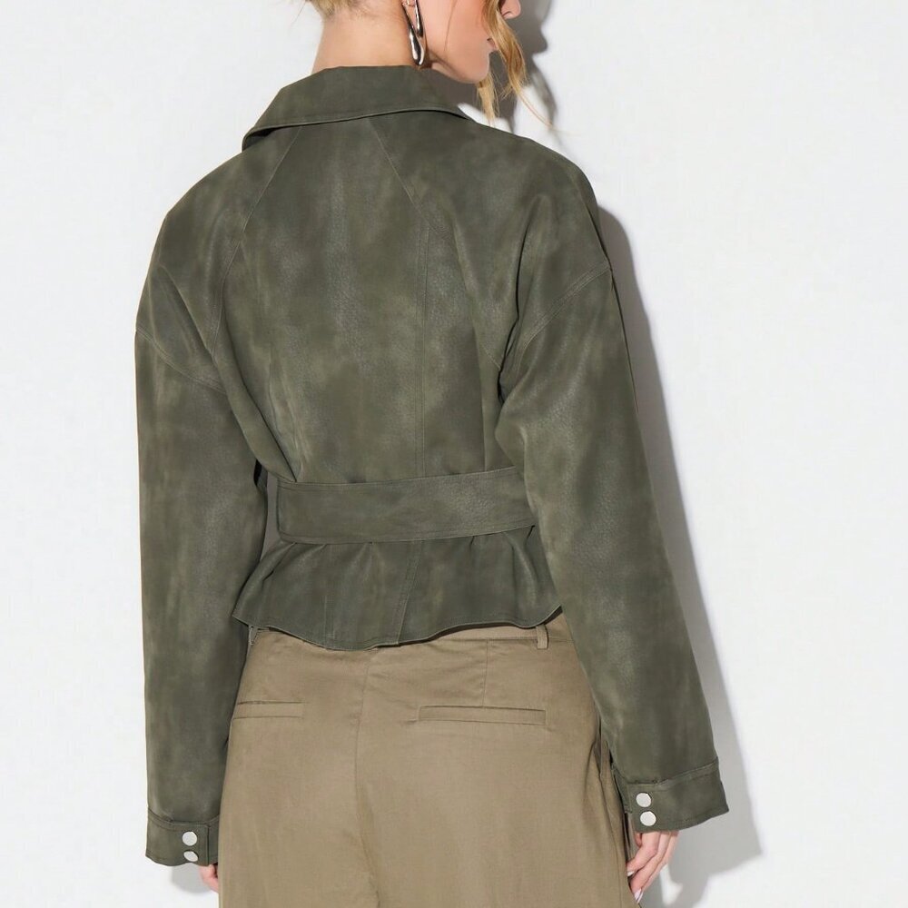Army Green Casual Women's Suedette Biker Jacket - Picture 2 of 7